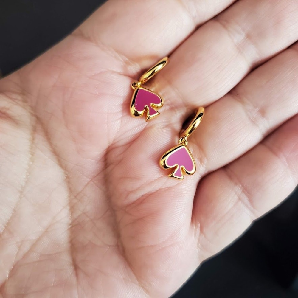 Kate Spade Everyday Spade Huggie Hoop Dangle Earrings Pink Enamel Gold‎ NWT - Picture 7 of 7